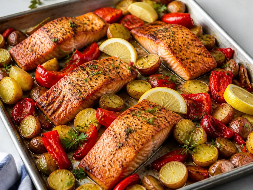 Roasted salmon fillets with red peppers potatoes lemon and herbs