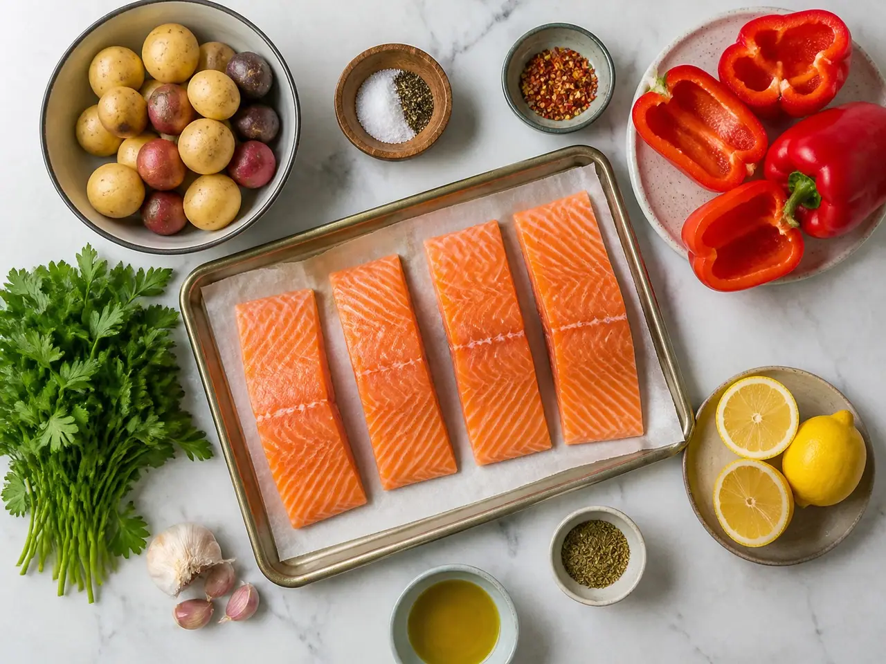 Salmon fillets, red and yellow peppers, cherry tomatoes, capers, garlic and lemon