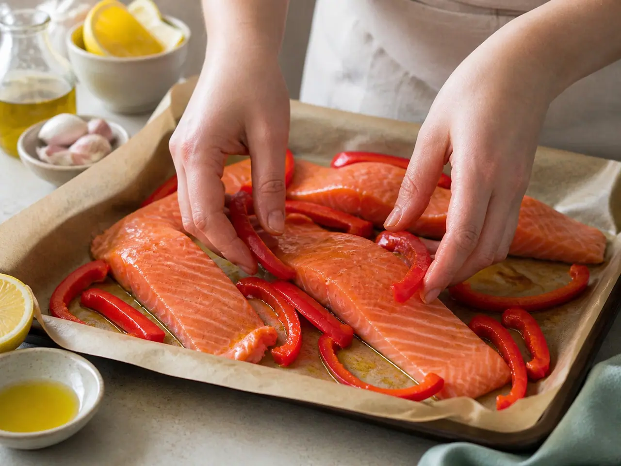 Sliced peppers and tomatoes spread alone across an oiled sheet pan