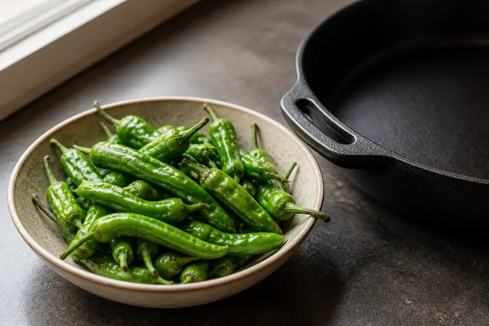Fresh shishito peppers in a bowl beside a cast iron skillet