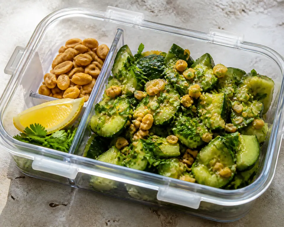 Smashed cucumber and peanut salad with lemon dressing and a dry peanut topping