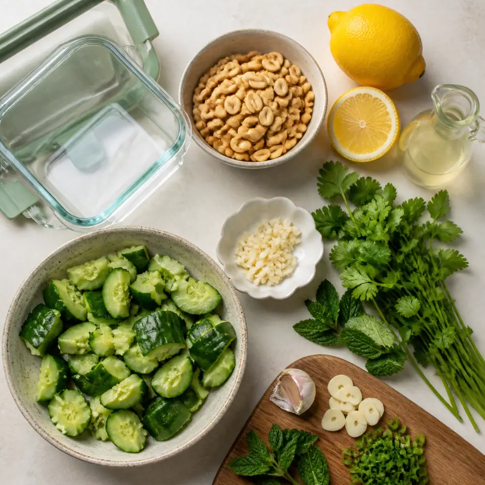 Cucumbers peanuts herbs and ingredients for lemon dressing and a dry peanut topping smashed cucumber salad arranged on a kitchen counter