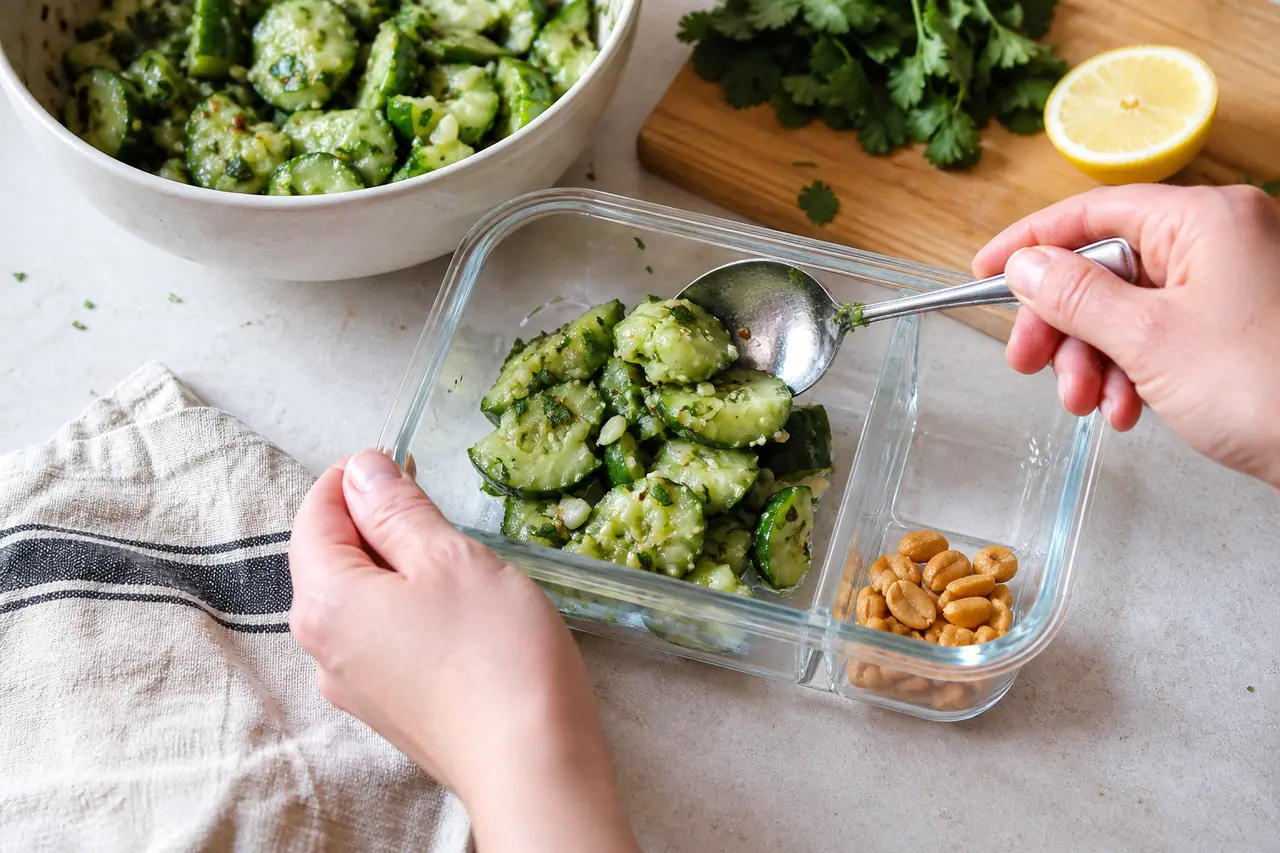 Hands preparing lemon dressing and a dry peanut topping smashed cucumber and peanut salad during the dry the cucumber properly step