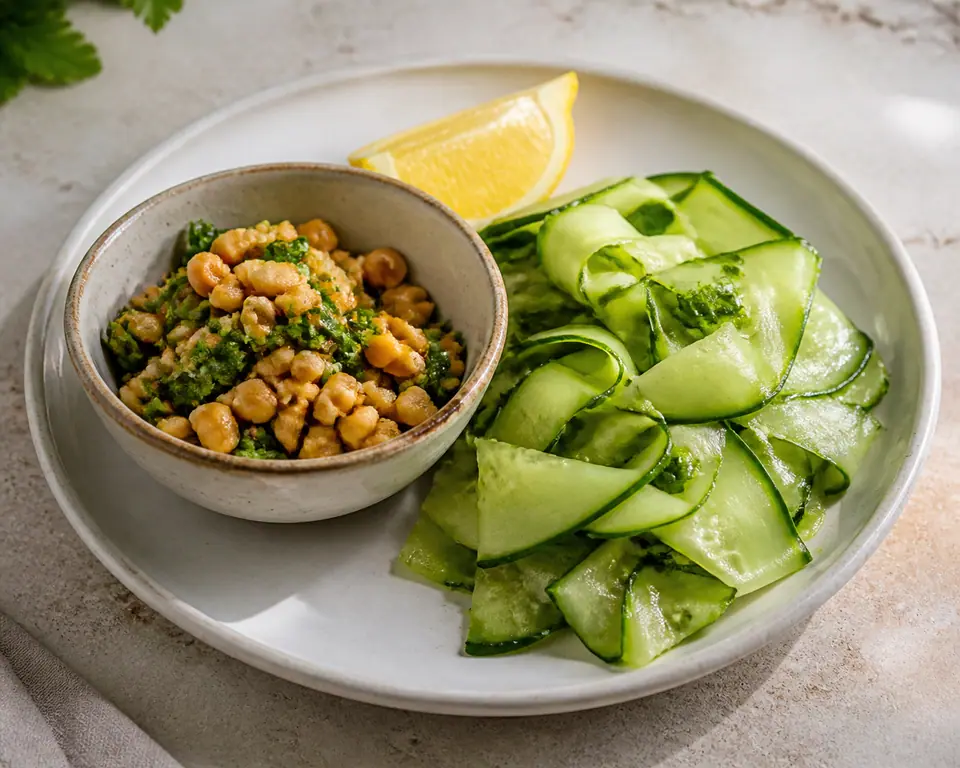Smashed cucumber and peanut salad with peanut and herb topping