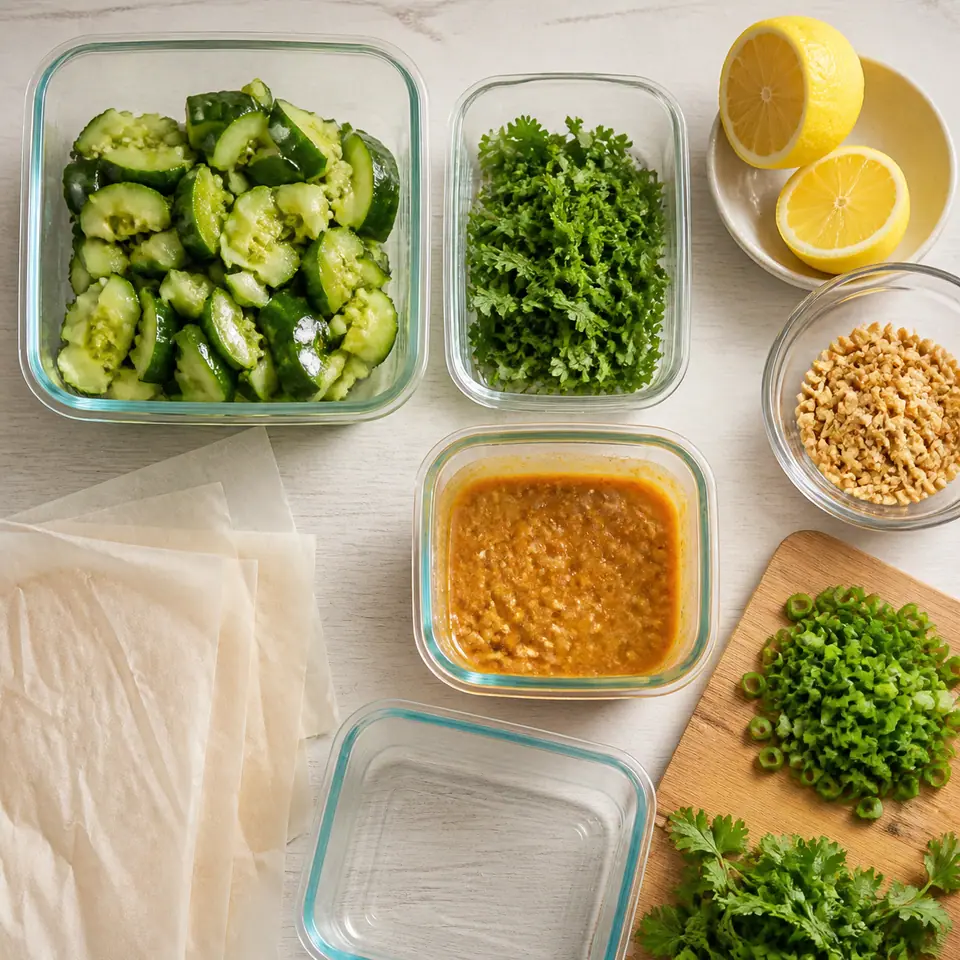 Cucumbers peanuts herbs and ingredients for peanut and herb topping smashed cucumber salad arranged on a kitchen counter