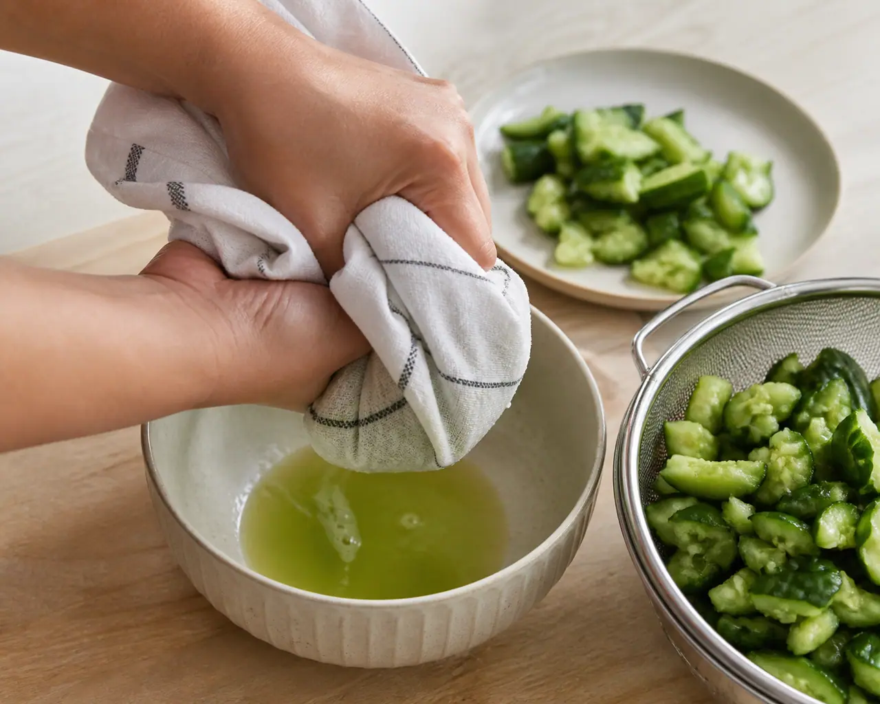 Hands preparing peanut and herb topping smashed cucumber and peanut salad during the drain hard step