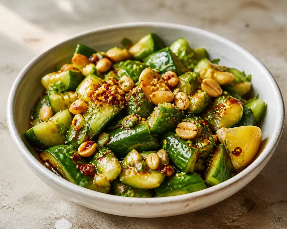 Smashed cucumber and peanut salad with chilli oil