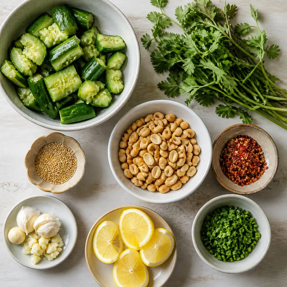 Cucumbers peanuts herbs and ingredients for chilli oil smashed cucumber salad arranged on a kitchen counter