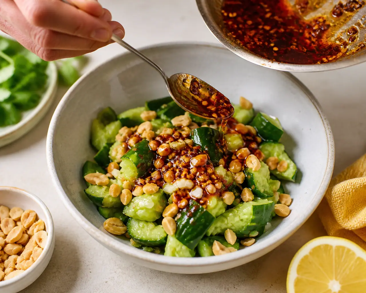 Hands preparing chilli oil smashed cucumber and peanut salad during the make the dressing step