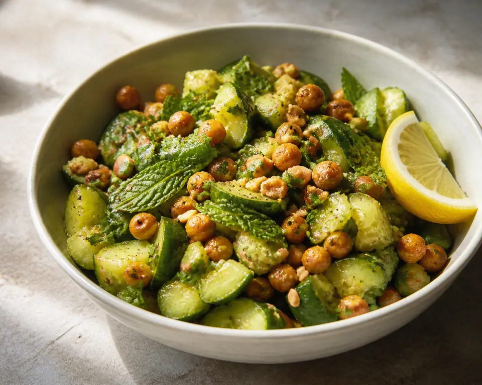 Smashed cucumber and peanut salad with crispy chickpeas