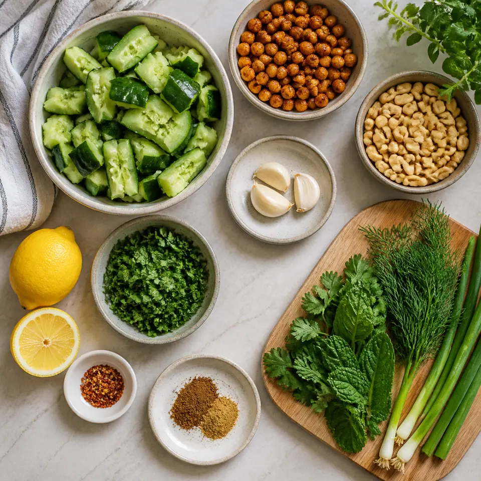 Cucumbers peanuts herbs and ingredients for crispy chickpeas smashed cucumber salad arranged on a kitchen counter