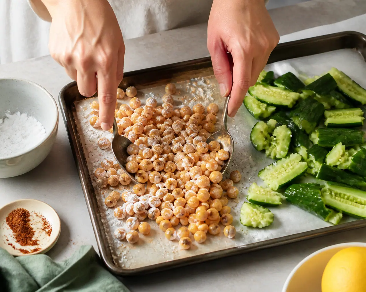 Hands preparing crispy chickpeas smashed cucumber and peanut salad during the dry and roast the chickpeas step