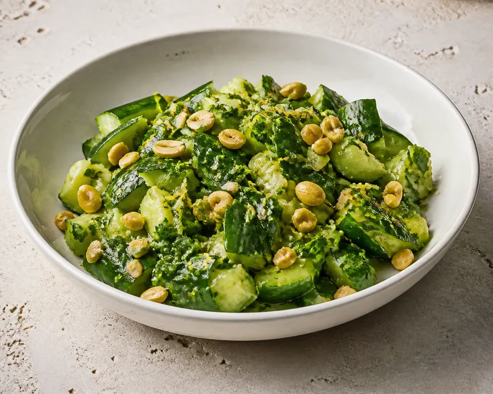 Smashed cucumber and peanut salad with lemon and herbs