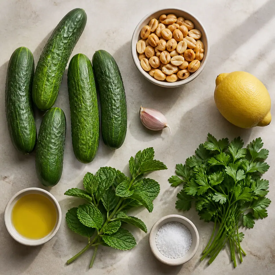 Cucumbers peanuts herbs and ingredients for lemon and herbs smashed cucumber salad arranged on a kitchen counter
