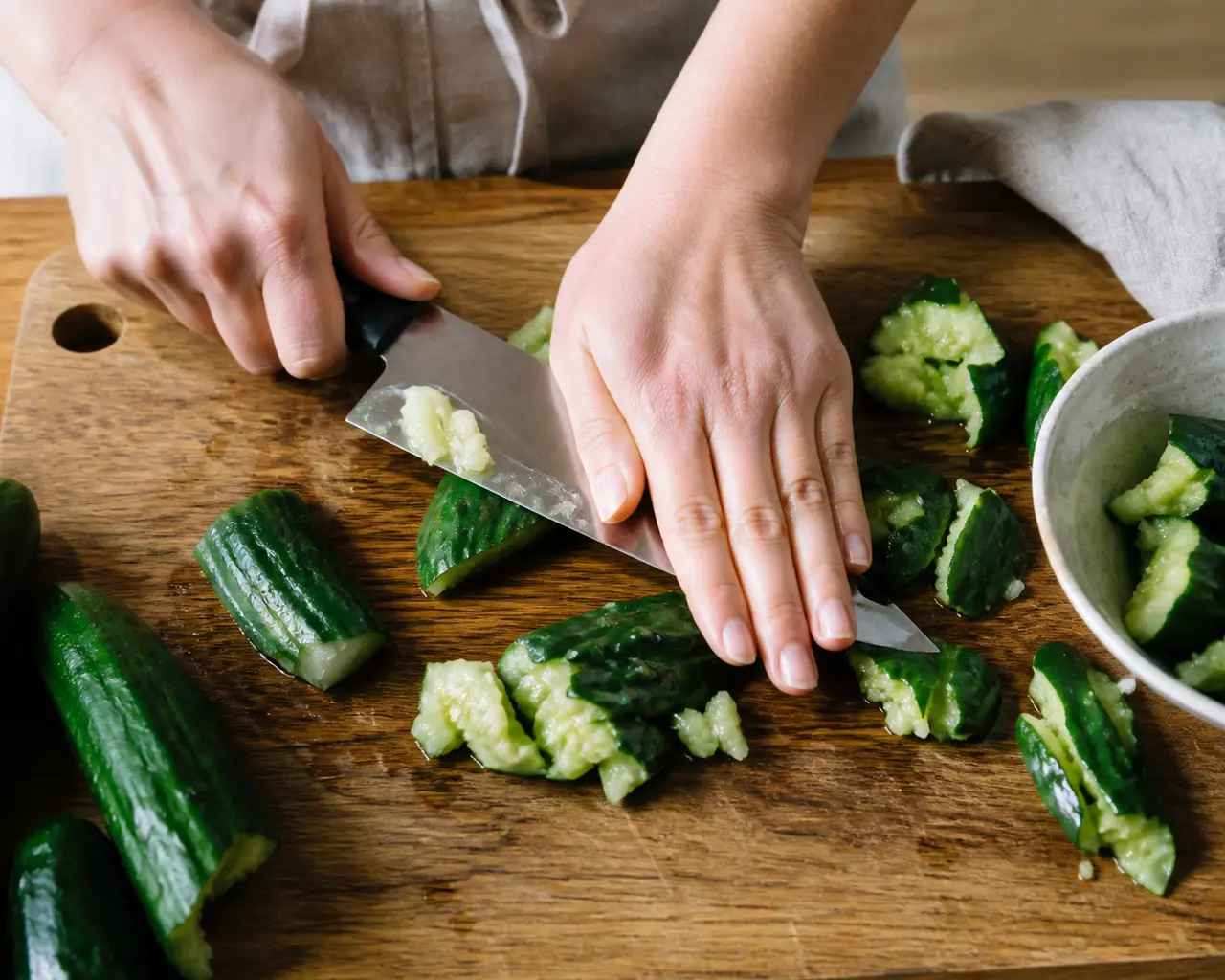 Hands preparing lemon and herbs smashed cucumber and peanut salad during the salt and drain step