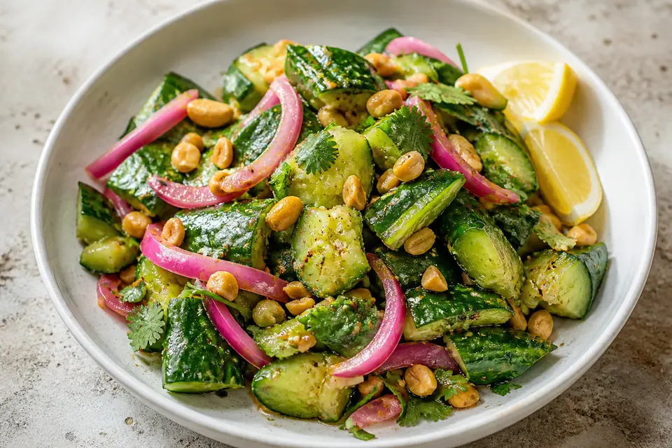 Smashed cucumber and peanut salad with quick pickled red onions