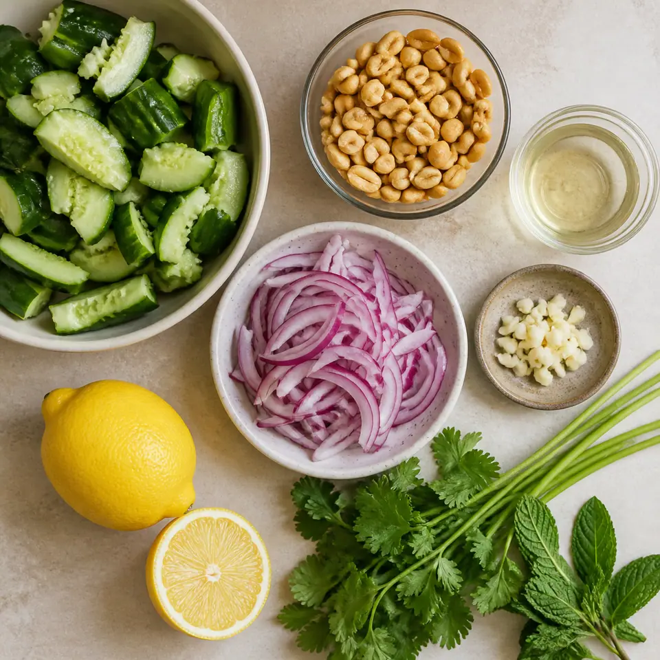Cucumbers peanuts herbs and ingredients for quick pickled red onions smashed cucumber salad arranged on a kitchen counter