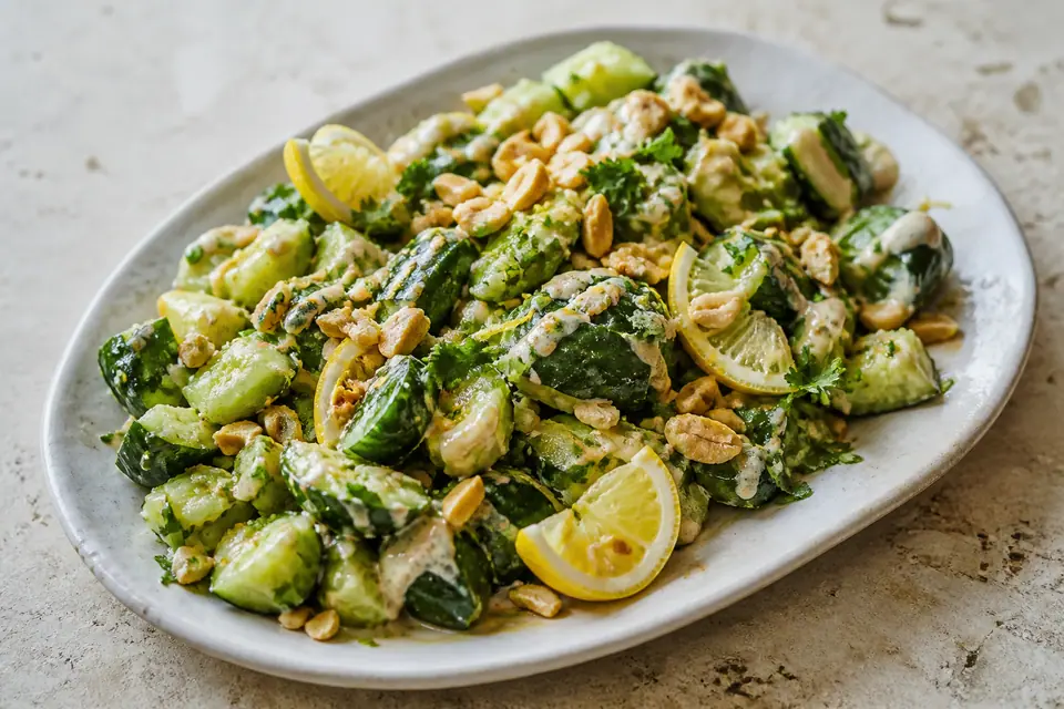 Smashed cucumber and peanut salad with lemon tahini dressing