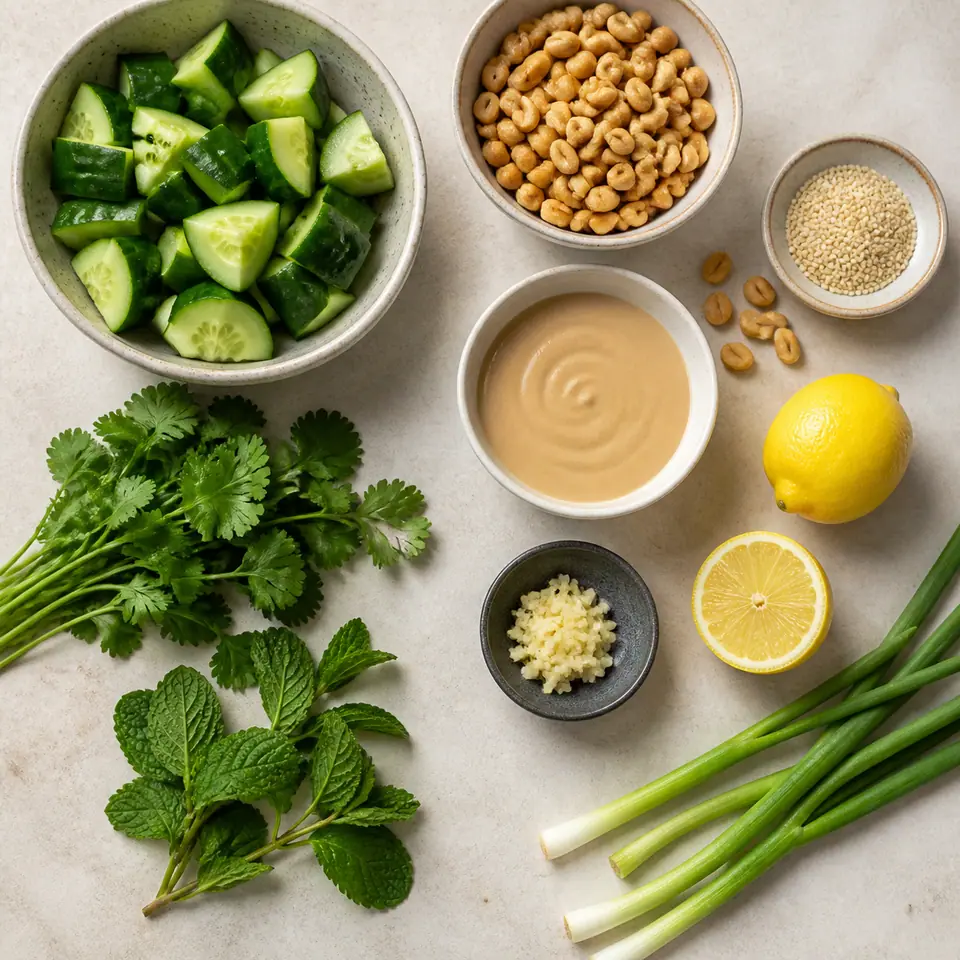 Cucumbers peanuts herbs and ingredients for lemon tahini dressing smashed cucumber salad arranged on a kitchen counter