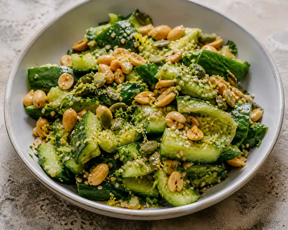 Smashed cucumber and peanut salad with toasted pumpkin and sesame seeds