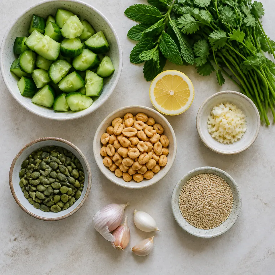 Cucumbers peanuts herbs and ingredients for toasted pumpkin and sesame seeds smashed cucumber salad arranged on a kitchen counter