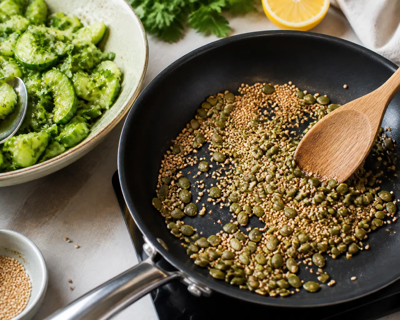 Hands preparing toasted pumpkin and sesame seeds smashed cucumber and peanut salad during the toast the seeds step