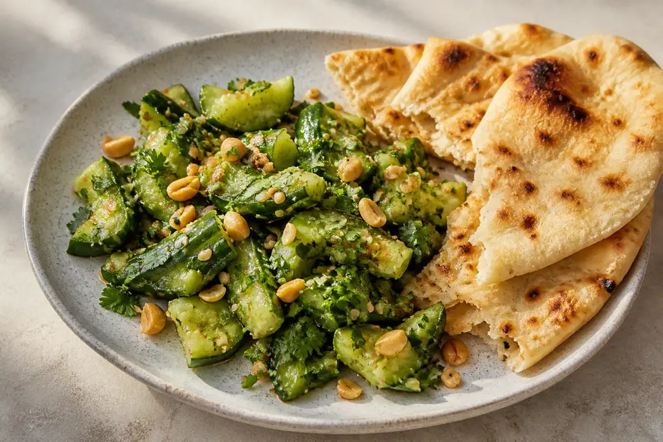 Smashed cucumber and peanut salad with warm flatbread