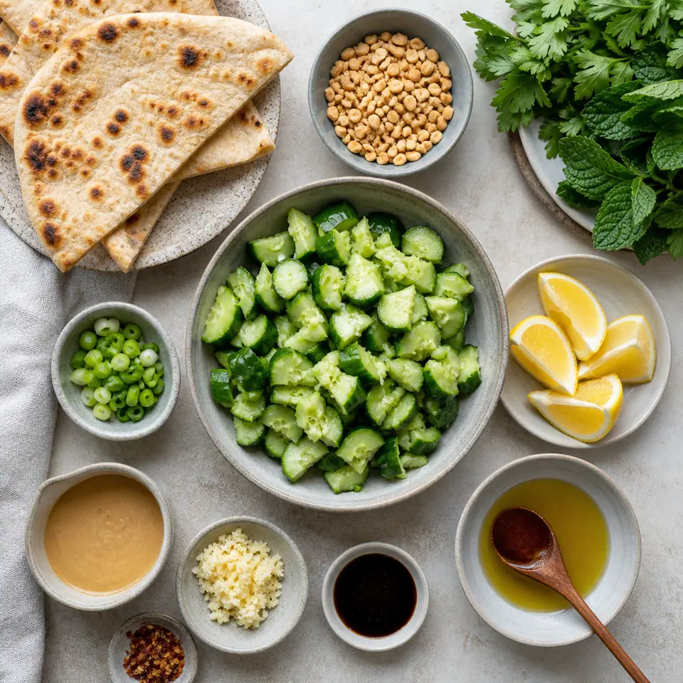 Cucumbers peanuts herbs and ingredients for warm flatbread smashed cucumber salad arranged on a kitchen counter