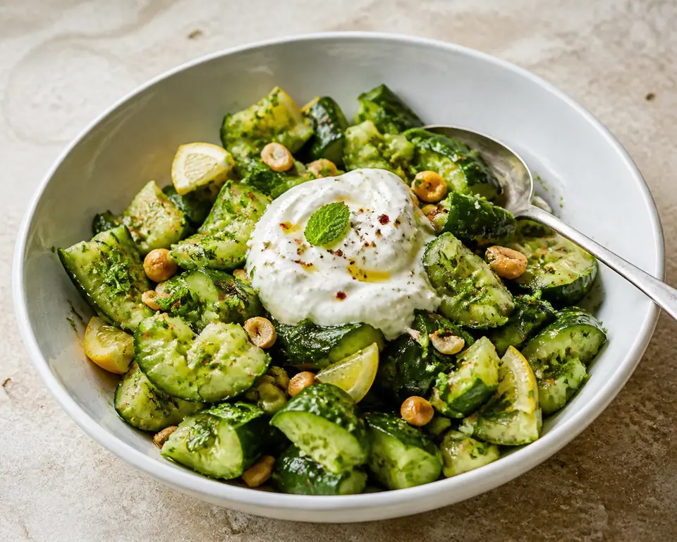 Smashed cucumber and peanut salad with lemon yogurt