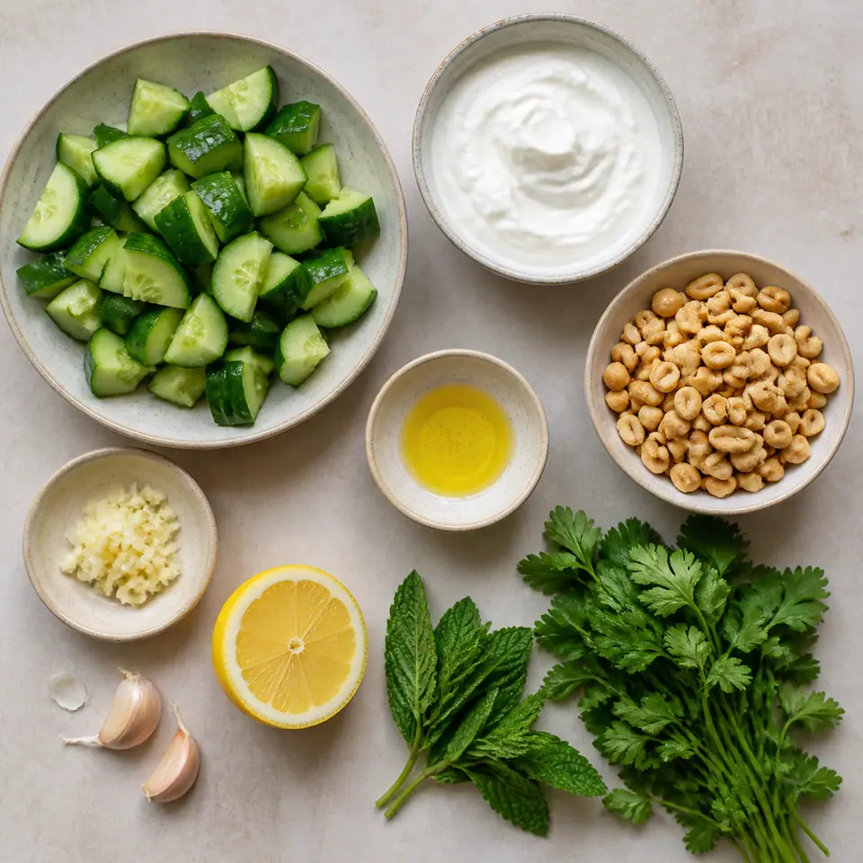 Cucumbers peanuts herbs and ingredients for lemon yogurt smashed cucumber salad arranged on a kitchen counter