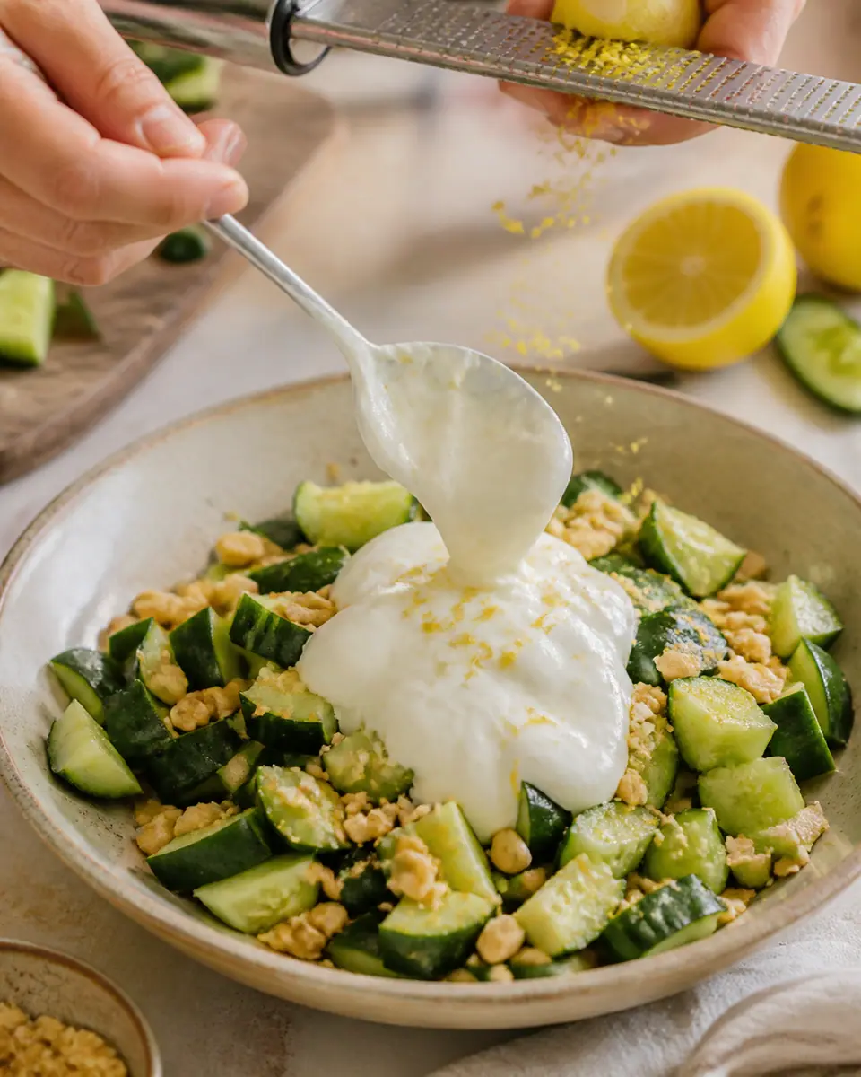 Hands preparing lemon yogurt smashed cucumber and peanut salad during the dress the cucumber step