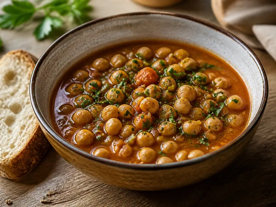 Golden spiced chickpea soup with lemon coriander and bread