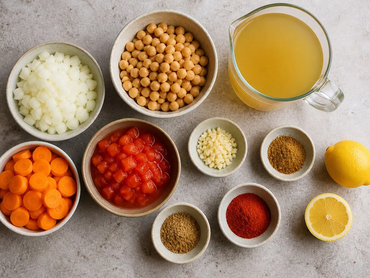 Chickpeas onions carrots tomatoes spices and lemon ready for soup