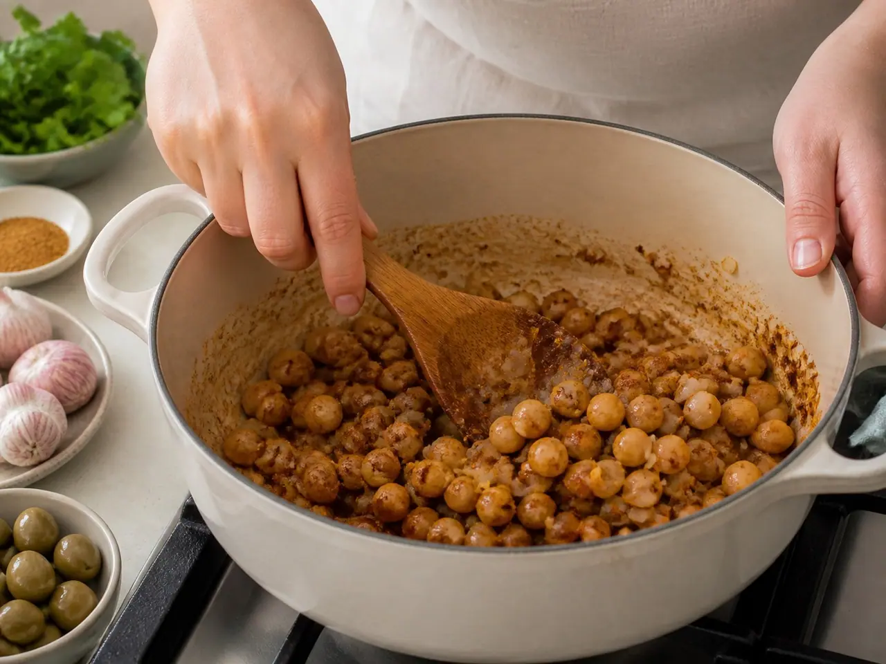 Wooden spoon stirring toasted chickpeas onions and spices in a pot