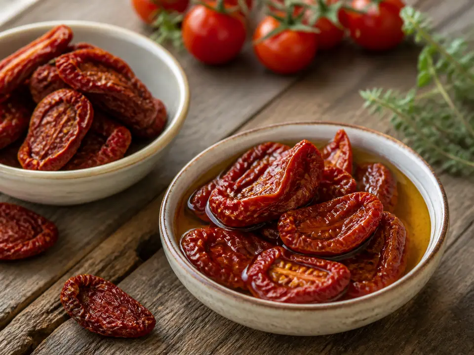 Oil-packed and dry sun-dried tomatoes in separate bowls