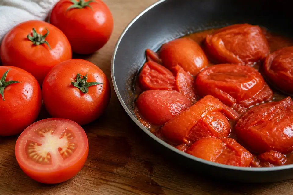 Firm supermarket tomatoes beside softened tomatoes in a pan