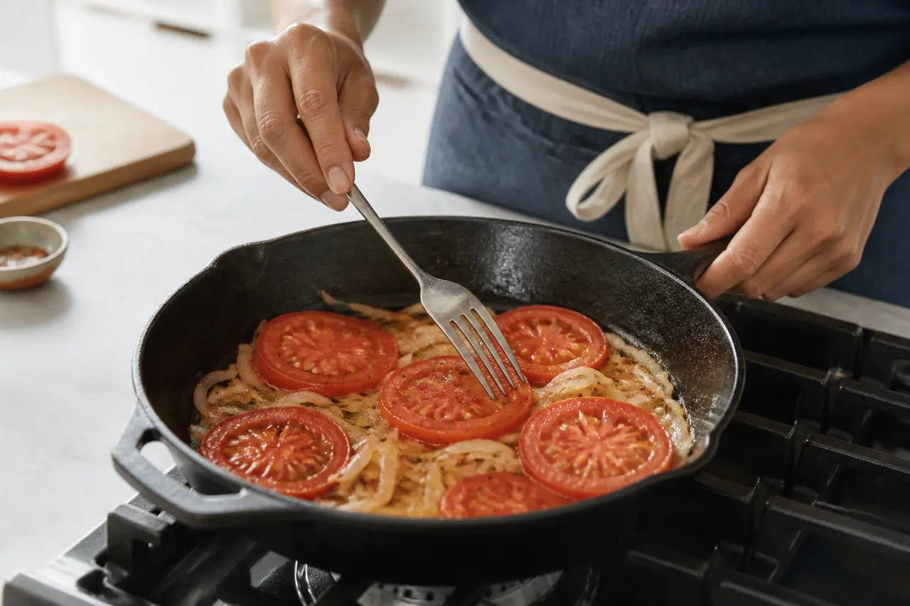 Hands testing firm tomato slices as they soften in a skillet
