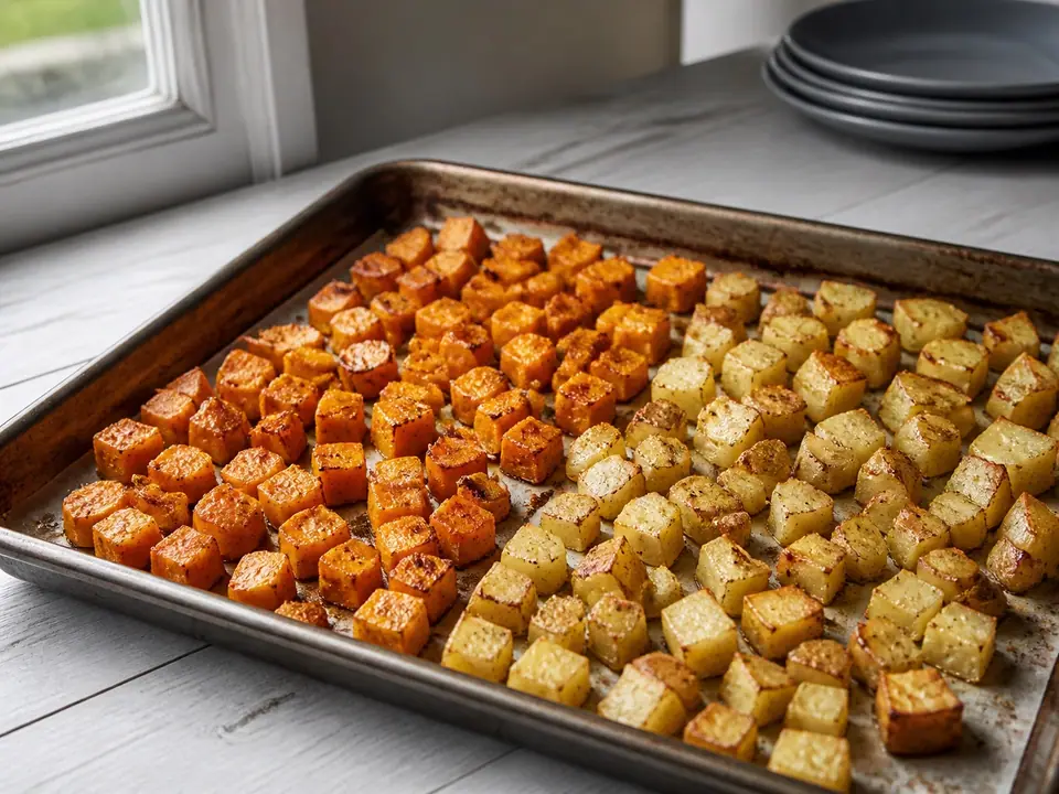 Roasted sweet and white potato pieces on a sheet pan