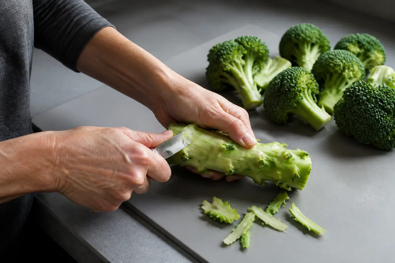 Hands trimming a regular broccoli stalk beside whole tenderstem spears