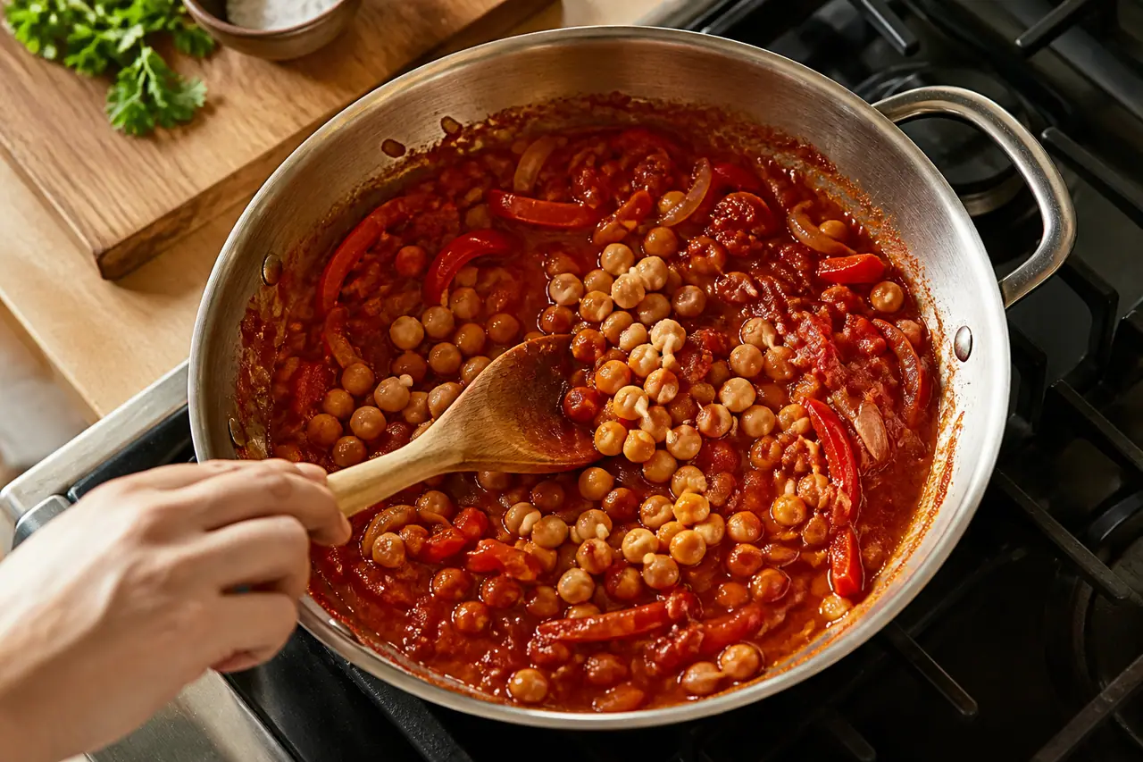 Hands folding chickpeas into tomato sauce in a skillet