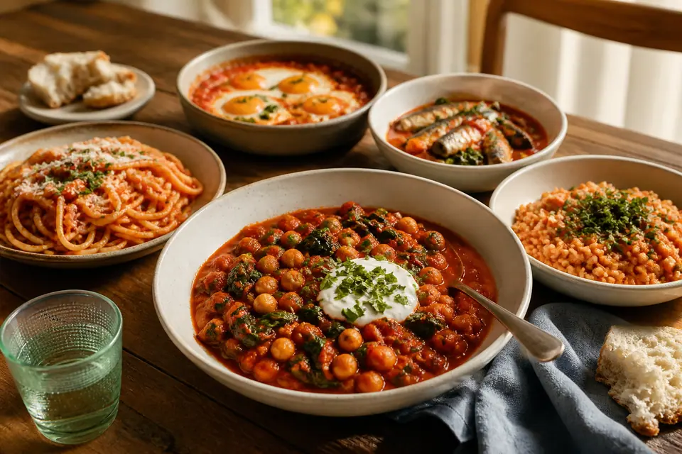 Five tomato dinners arranged across a warm kitchen table