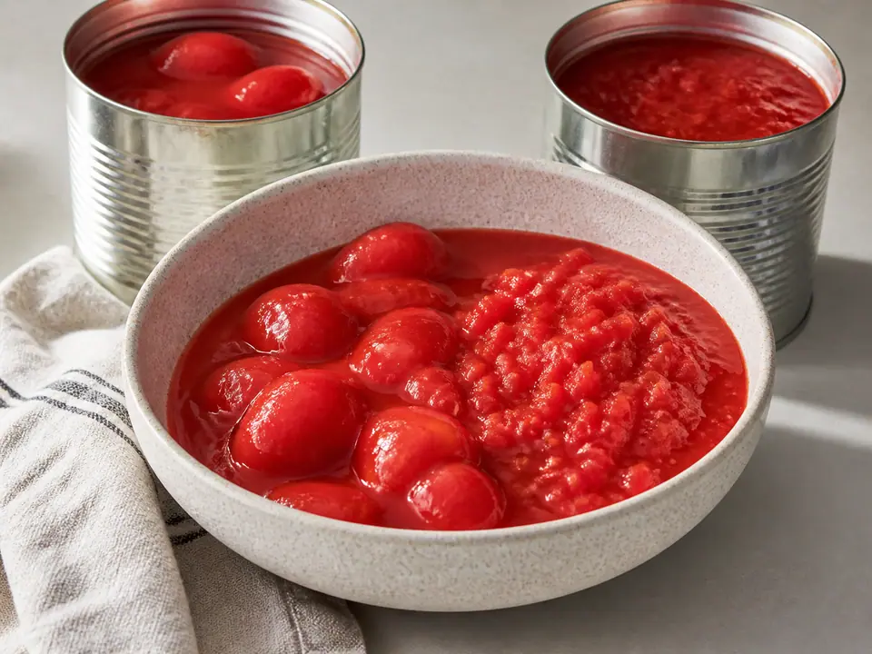 Open tins of whole and crushed tomatoes poured into a bowl