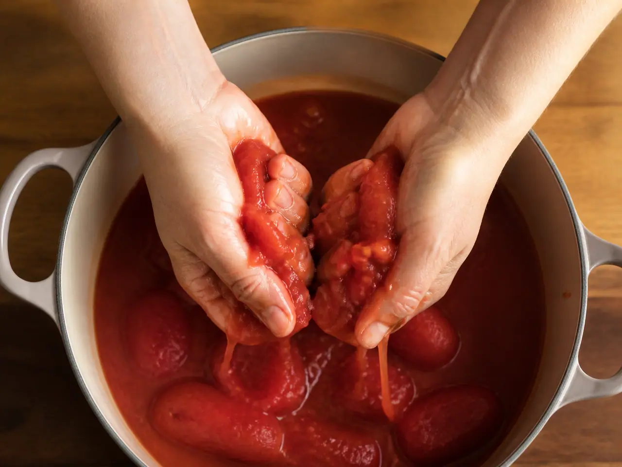 Hands crushing whole peeled tinned tomatoes over a wide saucepan