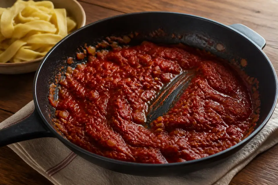 Deep red reduced tomato sauce with a spoon track
