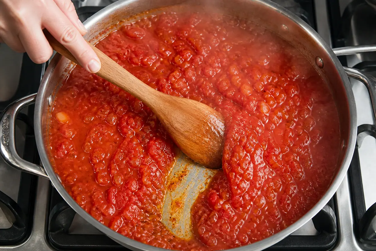 Hand dragging a spoon through steaming tomato sauce