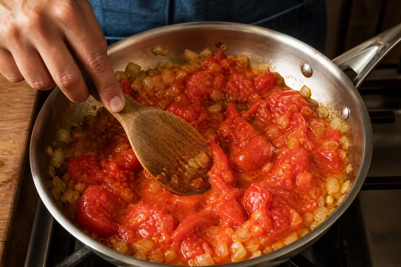 Hand crushing peeled tomatoes into onions in a pan