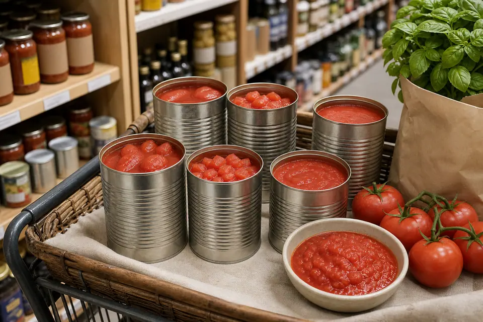 Unbranded tomato cans arranged in a grocery basket