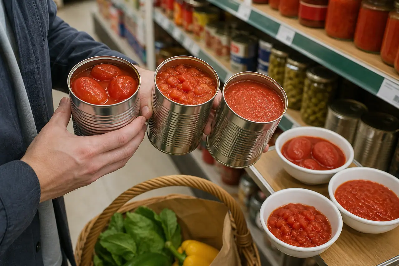 Hands comparing different tomato cans in a grocery aisle