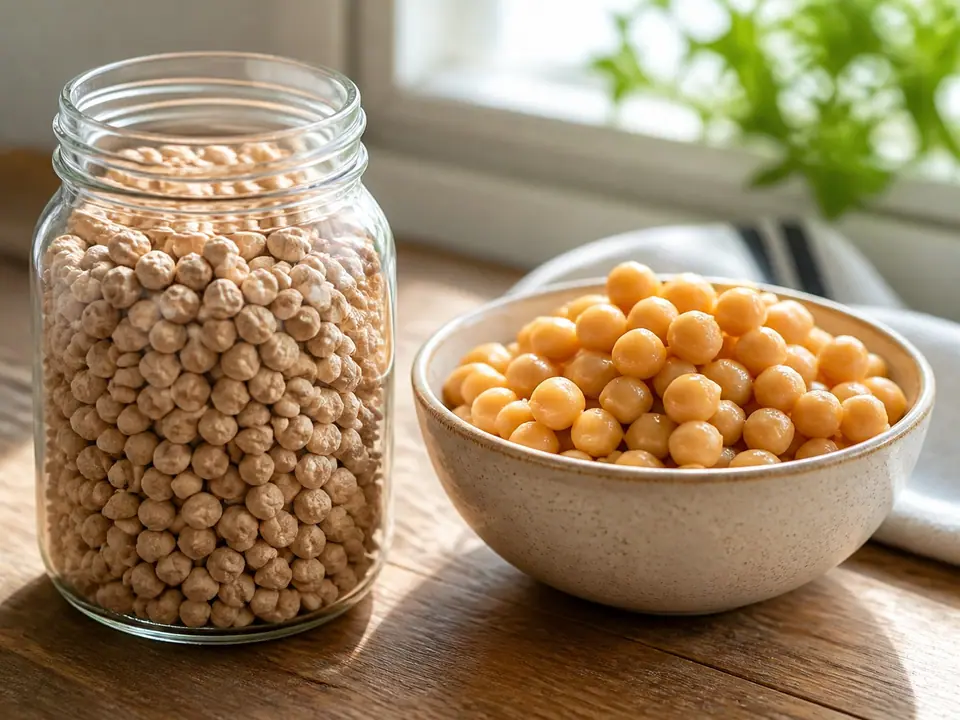 Dried chickpeas in a jar beside cooked chickpeas in a bowl