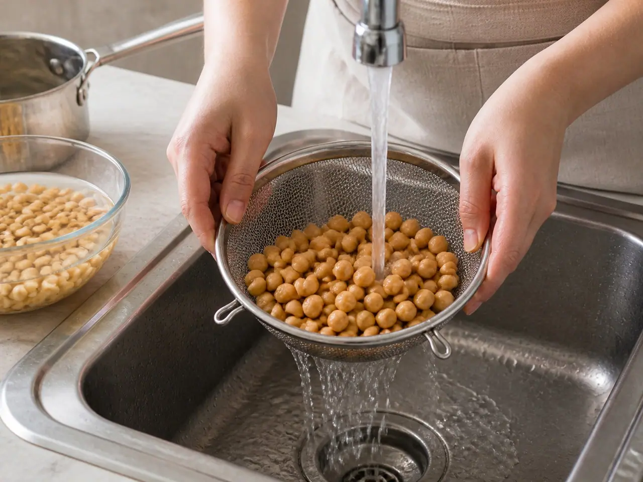 Hands rinsing chickpeas in a colander inside a stainless kitchen sink